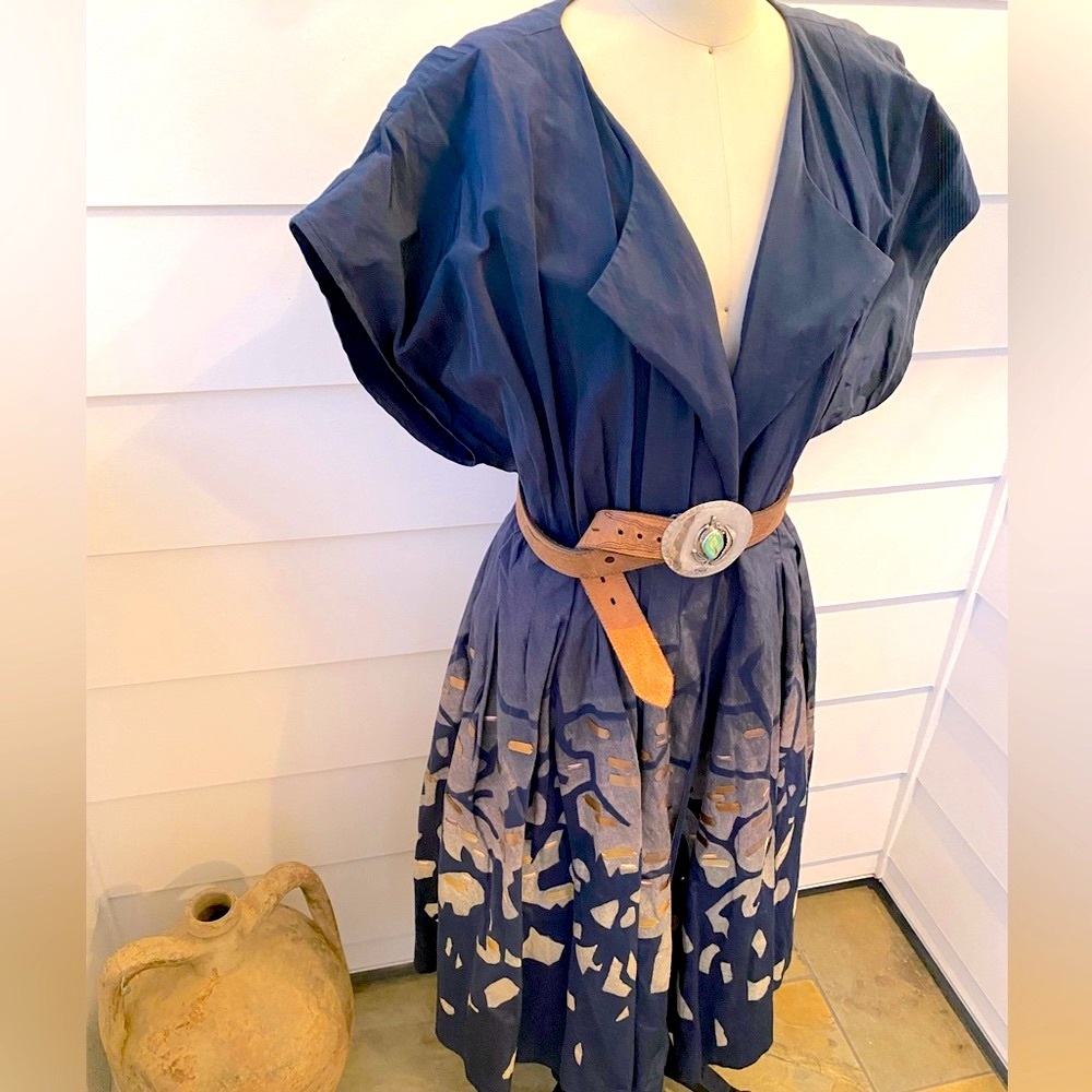 Hand Painted Hand Embroidered Blue Shirt Dress with self tie (not pictured)